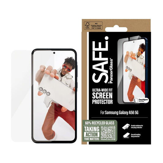 Ochranná fólie na displej PanzerGlass Safe. Ultra-Wide Fit EasyAligner pro Samsung Galaxy A56 A566, Tvrzené sklo, Full Glue.