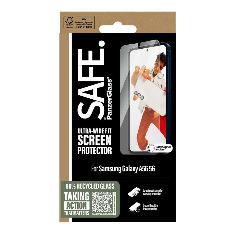 Ochranná fólie na displej PanzerGlass Safe. Ultra-Wide Fit EasyAligner pro Samsung Galaxy A56 A566, Tvrzené sklo, Full Glue.