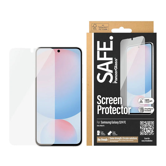 Ochranná fólie na displej PanzerGlass Safe. Ultra-Wide Fit EasyAligner pro Samsung Galaxy S24 FE S721, Tvrzené sklo, Full Glue