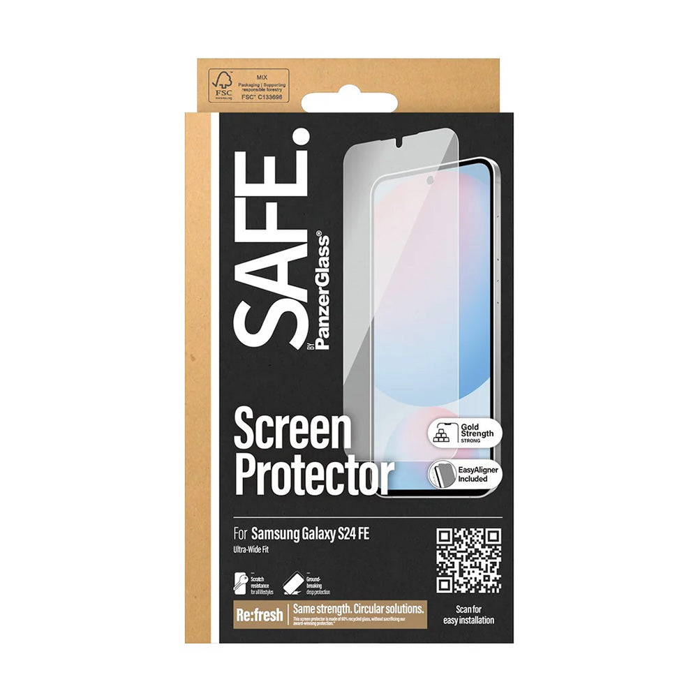 Ochranná fólie na displej PanzerGlass Safe. Ultra-Wide Fit EasyAligner pro Samsung Galaxy S24 FE S721, Tvrzené sklo, Full Glue