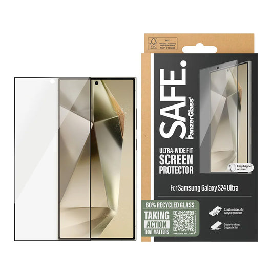 Ochranná fólie na displej PanzerGlass Safe. Ultra-Wide Fit EasyAligner pro Samsung Galaxy S24 Ultra S928, Tvrzené sklo, Full Glue, Černá.