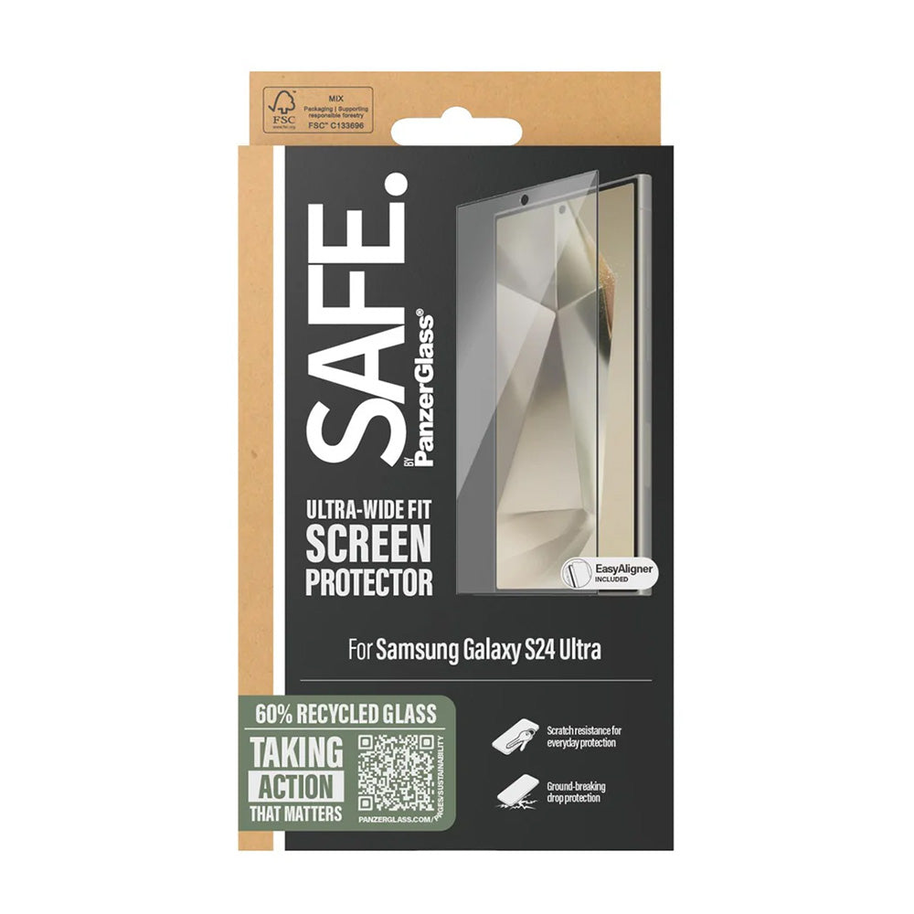 Ochranná fólie na displej PanzerGlass Safe. Ultra-Wide Fit EasyAligner pro Samsung Galaxy S24 Ultra S928, Tvrzené sklo, Full Glue, Černá.