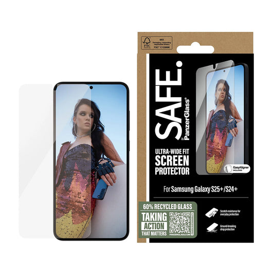 Ochranná fólie na displej PanzerGlass Safe. Ultra-Wide Fit EasyAligner pro Samsung Galaxy S25+ S936 / S24+ S926, Tvrzené sklo, Full Glue.