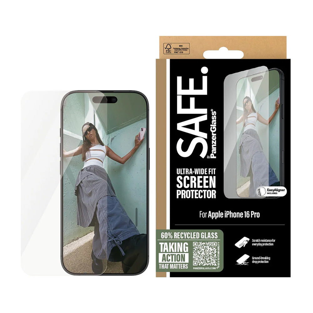 Ochranná fólie na displej PanzerGlass Safe. Ultra-Wide Fit pro Apple iPhone 16 Pro, Zpevněné sklo, Full Glue.