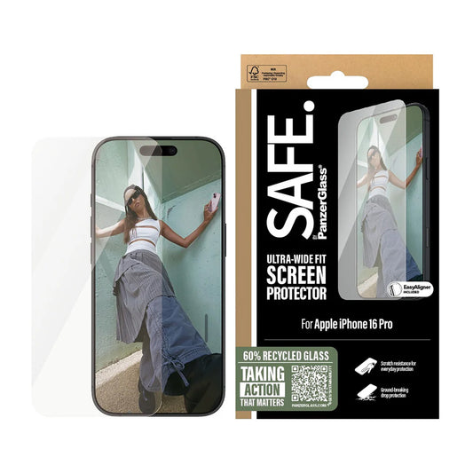 Ochranná fólie na displej PanzerGlass Safe. Ultra-Wide Fit pro Apple iPhone 16 Pro, Zpevněné sklo, Full Glue.