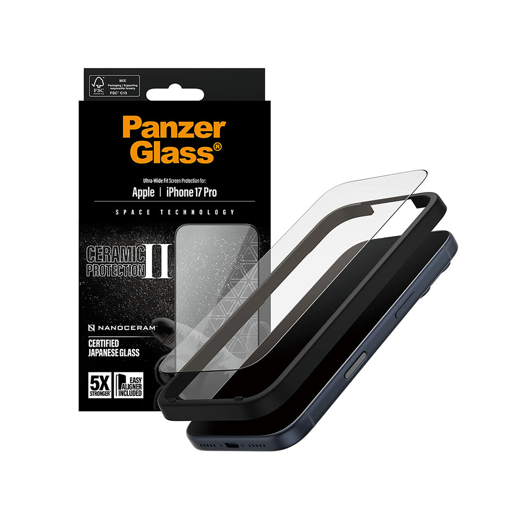 Ochranná fólie na displej PanzerGlass Ultra-Wide Ceramic II EasyAligner pro Apple iPhone 17 Pro, Tvrzené sklo, Full Glue, Černá