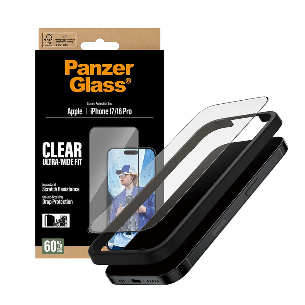 Ochranná fólie na displej PanzerGlass Ultra-Wide Fit EasyAligner pro Apple iPhone 17 / 16 Pro, Tvrzené sklo, Full Glue, Černá