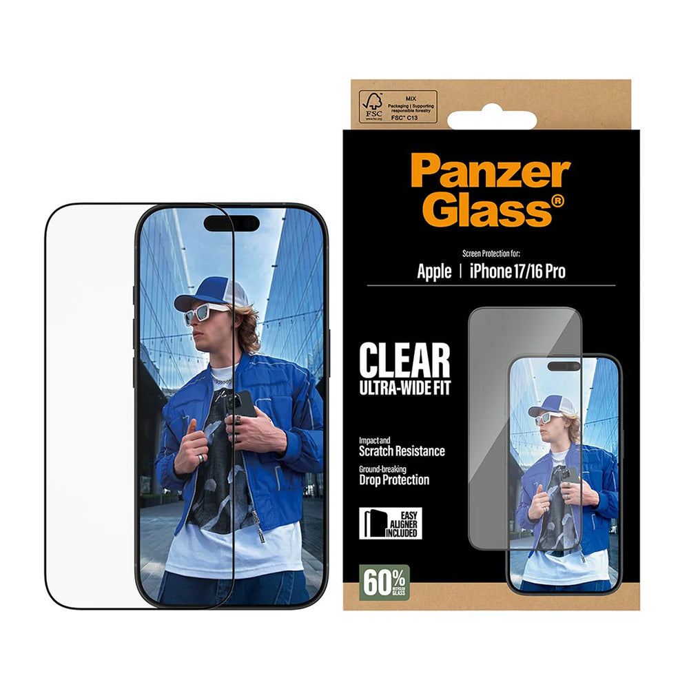 Ochranná fólie na displej PanzerGlass Ultra-Wide Fit EasyAligner pro Apple iPhone 17 / 16 Pro, Tvrzené sklo, Full Glue, Černá