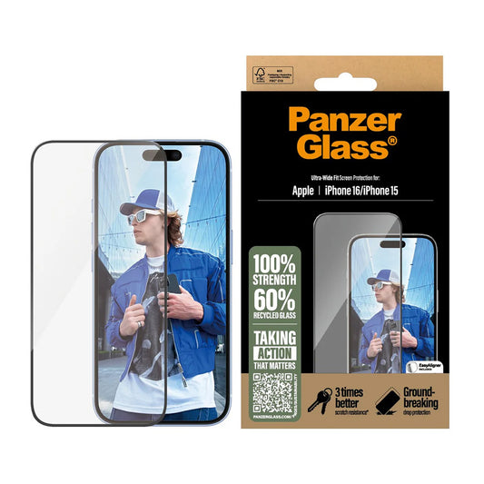 Ochranná fólie na displej PanzerGlass Ultra-Wide Fit pro Apple iPhone 16 / 15, Tvrzené sklo, Full Glue, Černá