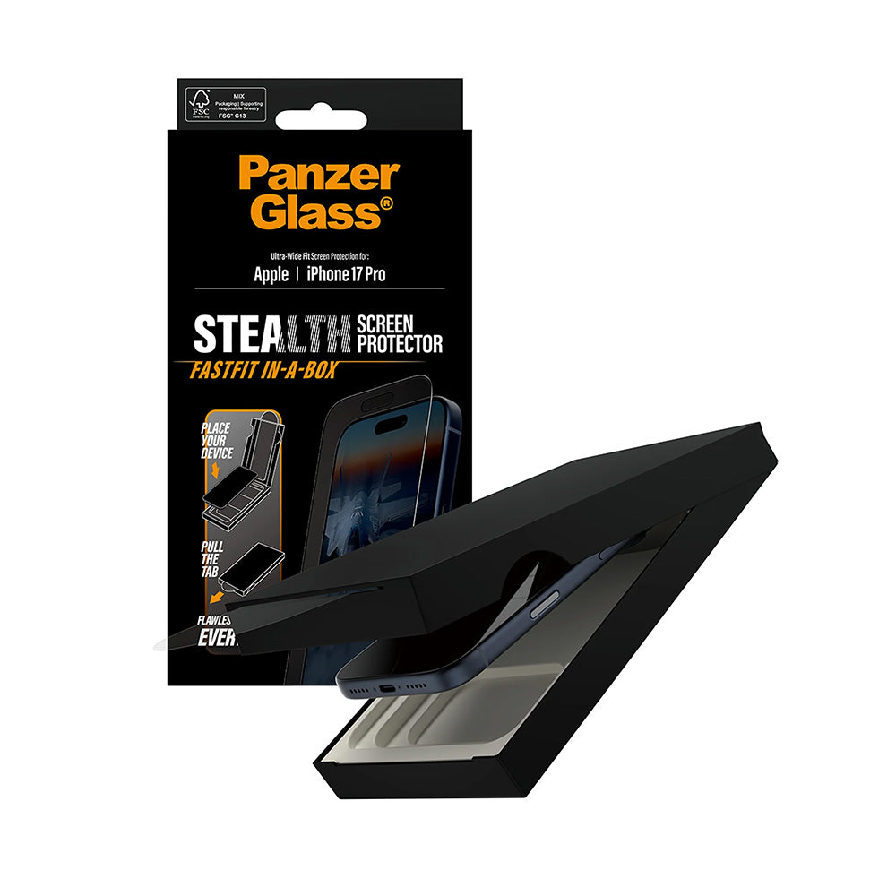 Ochranná fólie na displej PanzerGlass Ultra-Wide Fit Stealth Fastfit pro Apple iPhone 17 Pro, Tvrzené sklo, Full Glue, Černá