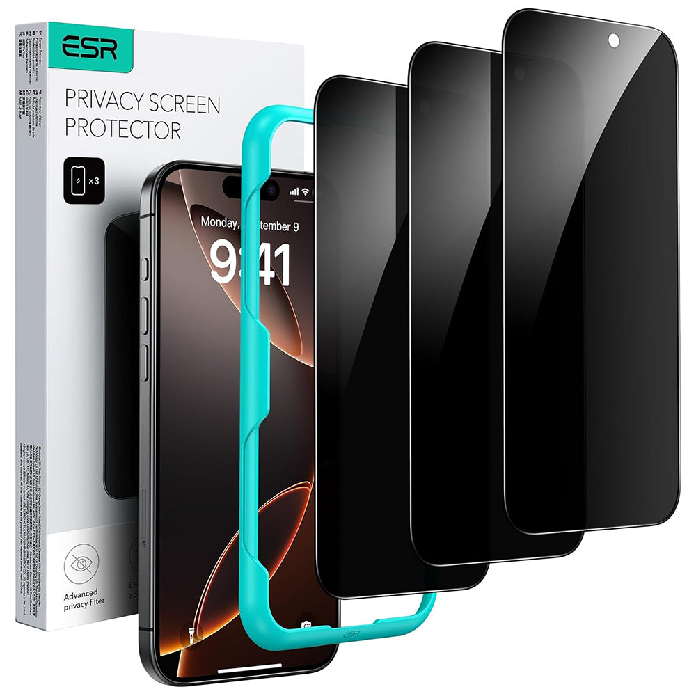Ochranná fólie Ecran Privacy ESR pro Apple iPhone 17 Pro, Tvrzené sklo, Full Glue, Sada 3 kusy.