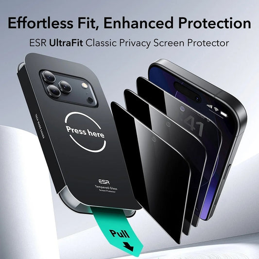 Ochranná fólie na displej Privacy ESR UltraFit Classic pro Apple iPhone 18 Pro, tvrzené sklo, plné lepidlo, sada 3 kusů