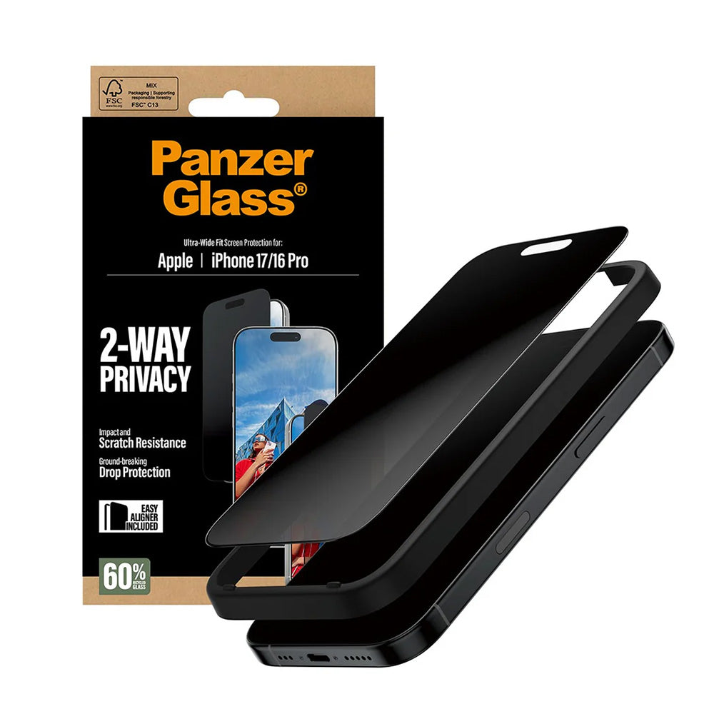 Ochranná fólie na displej Privacy PanzerGlass Ultra-Wide Fit 2-Way EasyAligner pro Apple iPhone 17 / 16 Pro, Tvrzené sklo, Full Glue