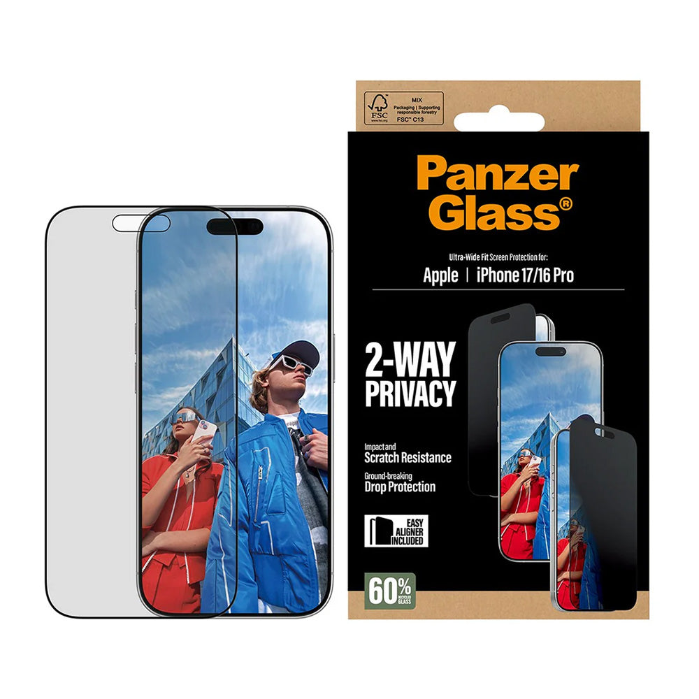 Ochranná fólie na displej Privacy PanzerGlass Ultra-Wide Fit 2-Way EasyAligner pro Apple iPhone 17 / 16 Pro, Tvrzené sklo, Full Glue