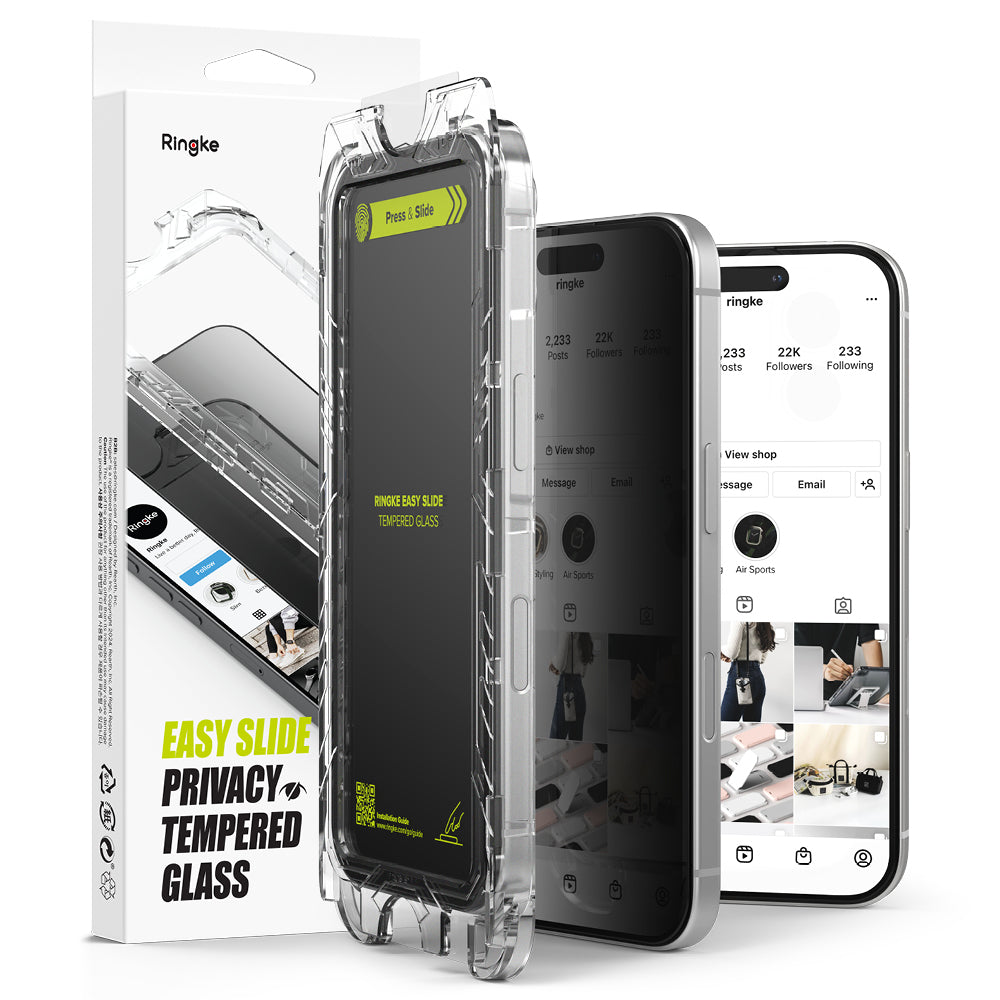 Ochranná fólie na displej Privacy Ringke Easy Slide pro Apple iPhone 16 Plus / 15 Plus, Tvrzené sklo, Full Glue, Sada 2 kusy
