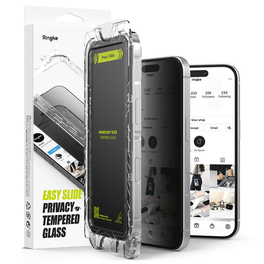 Ochranná fólie na displej Privacy Ringke Easy Slide pro Apple iPhone 16 Plus / 15 Plus, Tvrzené sklo, Full Glue, Sada 2 kusy