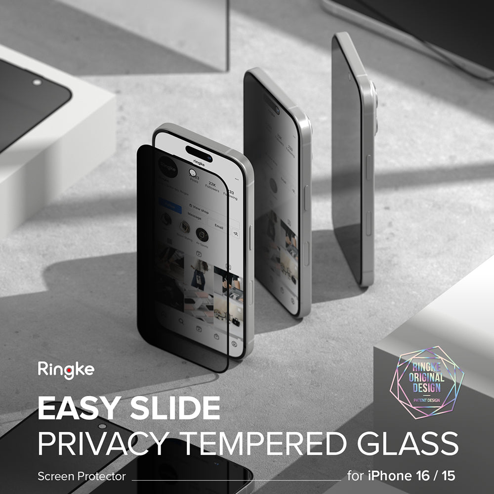 Ochranná fólie na displej Privacy Ringke Easy Slide pro Apple iPhone 16 Plus / 15 Plus, Tvrzené sklo, Full Glue, Sada 2 kusy