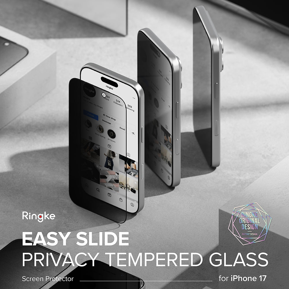 Ochranná fólie na displej Privacy Ringke Easy Slide pro Apple iPhone 17 Pro, tvrzené sklo, plné lepidlo, sada 2 kusů