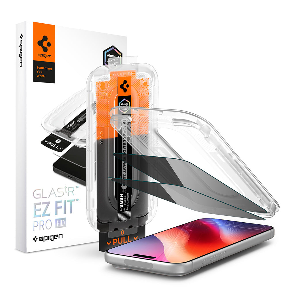 Ochranná fólie na displej Privacy Spigen GlastR EZ FIT Pro HD pro Apple iPhone 18 Pro Max, tvrzené sklo, plné lepidlo, sada 2 kusů AGL12033