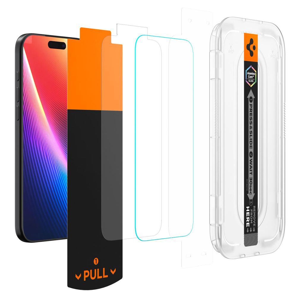 Ochranná fólie na displej Privacy Spigen GlastR EZ FIT Pro pro Apple iPhone 17 Pro / 17 / 16 Pro, Tvrzené sklo, Full Glue AGL10098
