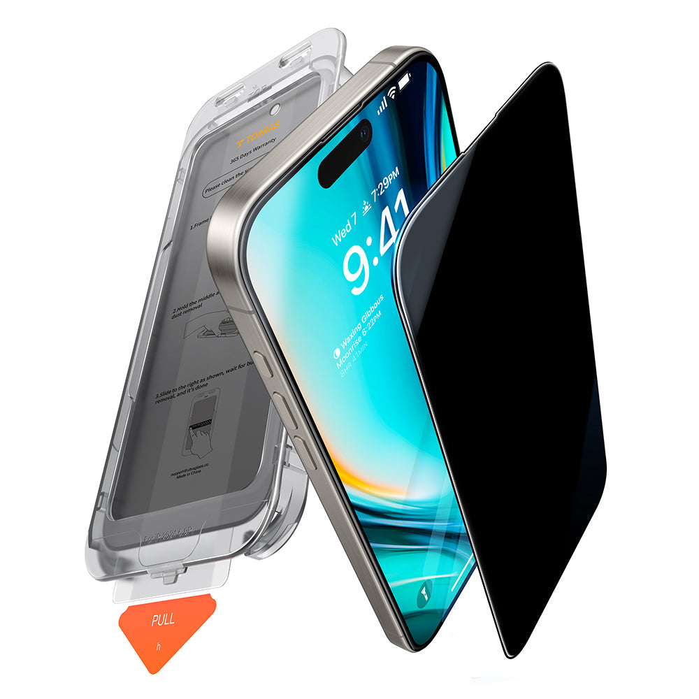 Ochranná fólie na displej Privacy Torras GlassGo Install Master pro Apple iPhone 16 Pro Max, tvrzené sklo, plné lepidlo
