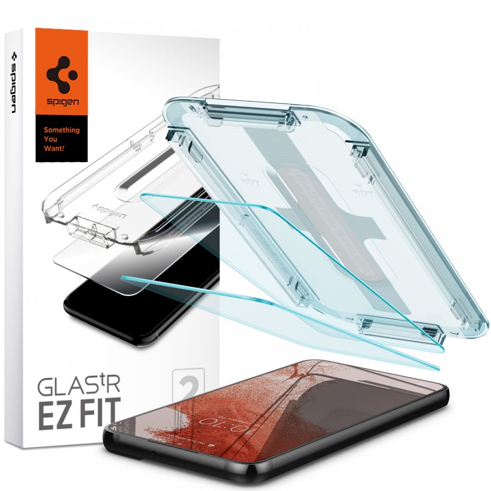 Ochranná fólie na displej Spigen GlastR EZ FIT pro Samsung Galaxy S22 5G S901, tvrzené sklo, plné lepidlo, sada 2 kusů AGL04151
