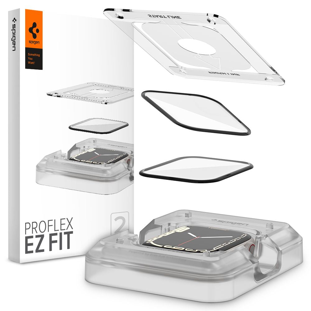 Ochranná fólie Spigen ProFlex EZ FIT pro Apple Watch 9 / 8 / 7 45mm Series, sada 2 kusy, Flexibilní sklo, Černá AFL04051
