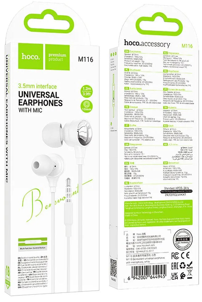 Handsfree 3.5mm HOCO M116, Bílá