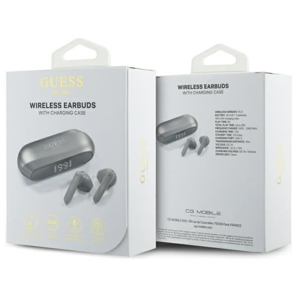 Handsfree Bluetooth Guess Elongated Metallic Printed Logo, TWS, Šedá