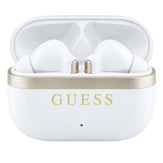 Handsfree Bluetooth Guess Glossy Gold Line Printed Classic Logo, TWS, bílá