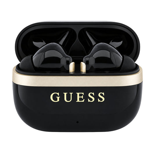 Czarny zestaw słuchawkowy Bluetooth Guess Glossy Gold Line Printed Classic Logo, TWS
