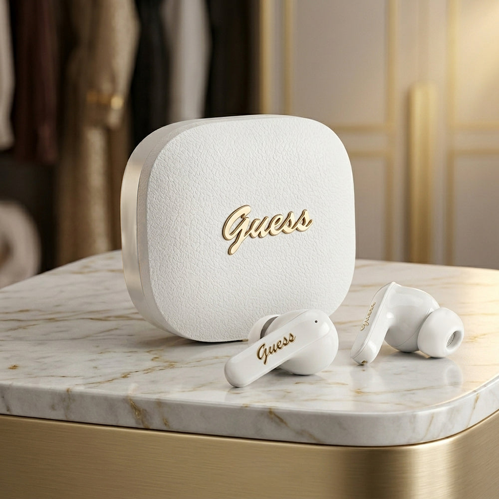 Handsfree Bluetooth Guess Script Metal Logo, TWS, Bílý