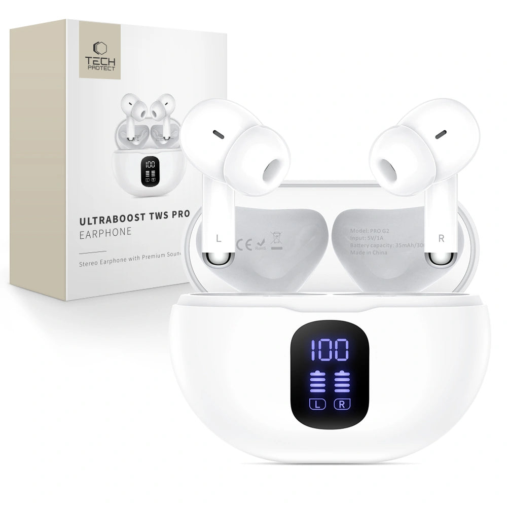 Handsfree Bluetooth Tech-Protect Ultraboost Pro G2, TWS, Bílá