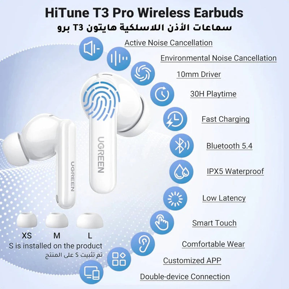Handsfree Bluetooth UGREEN HiTune T3 Pro WS206, TWS, ANC, MultiPoint, Bílá