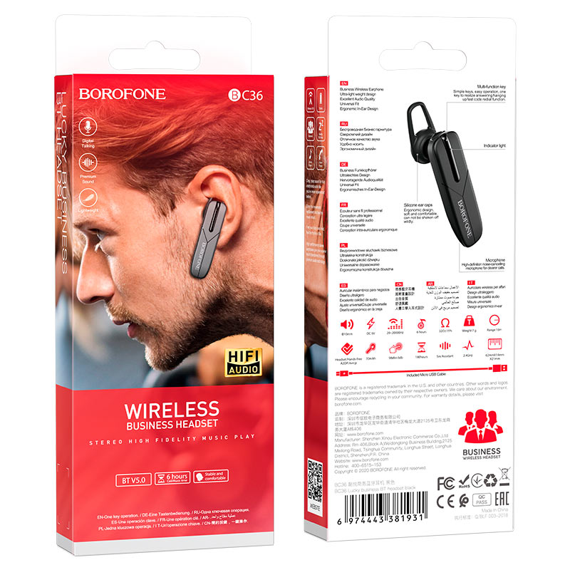 Sluchátka Bluetooth s handsfree BC36 Lucky, A2DP, černá