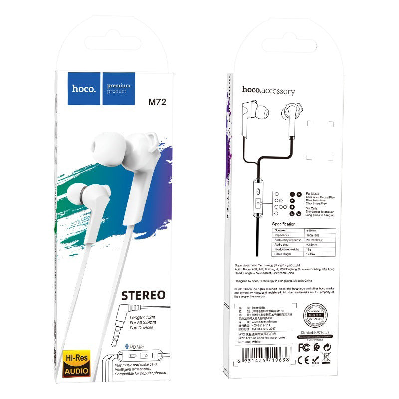 Handsfree 3.5mm HOCO M72 Admire, Bílá