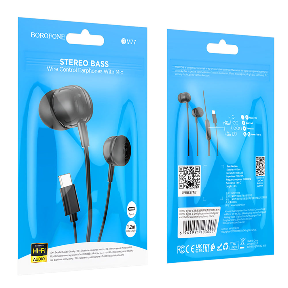 Handsfree USB-C Borofone BM77 Delicious, Černá