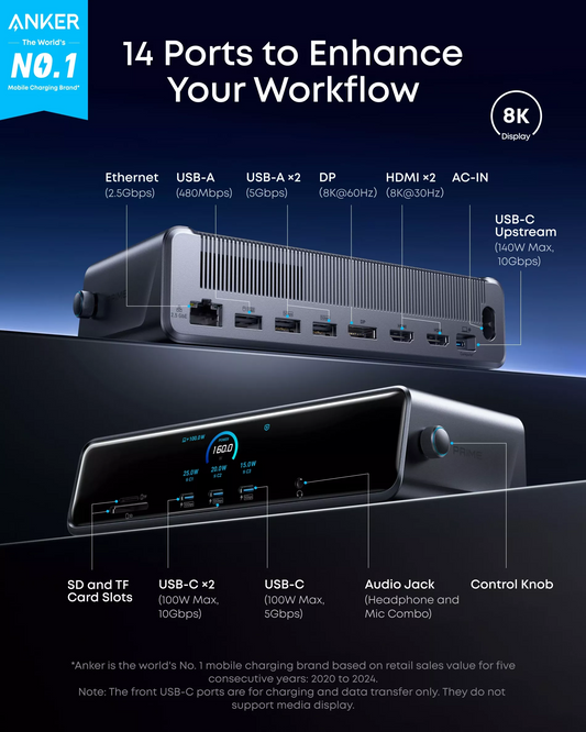 Multifunkční rozbočovač Anker Prime, 3 x USB-A - 4 x USB-C - 1 x Display Port - 2 x HDMI - 1 x Jack 3,5 mm - 1 x RJ45 - 1 x SD - 1 x microSD, Šedý A83B33A1