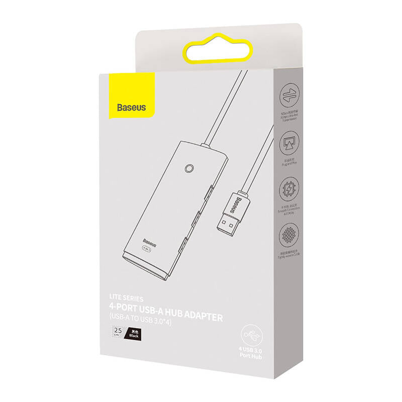 Rozbočovač USB Baseus Lite, 4 x USB-A 3.0 - 1 x USB-C, 0,25 m, černý WKQXX030001