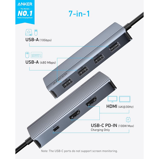 Hub USB-C Anker, 1 x USB-A 3.2 - 3 x USB-A - 1 x USB-C - 2 x HDMI, Šedý A83740A2