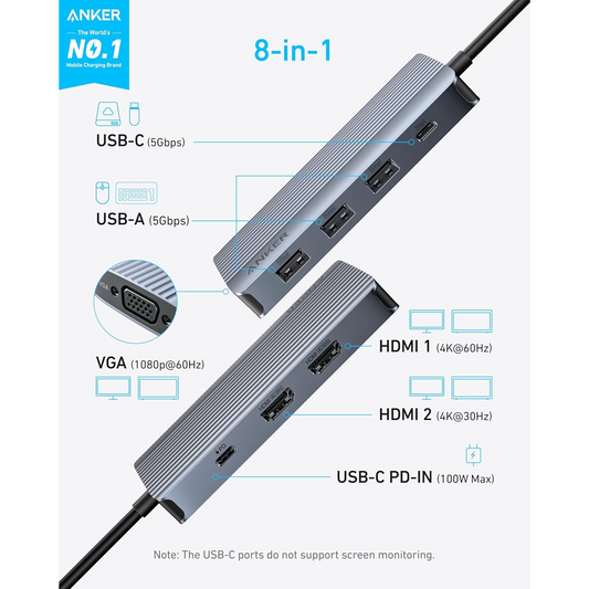 Hub USB-C Anker, 3 x USB-A 3.0 - 2 x USB-C - 2 x HDMI - 1 x VGA, Šedý A83790A2
