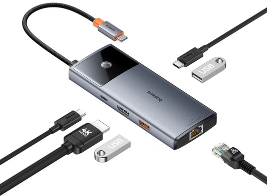 USB-C Hub Baseus Metal Gleam II, 2 x USB-A - 2 x USB-C - 1 x HDMI - 1 x RJ45, Šedý B00061802813-00