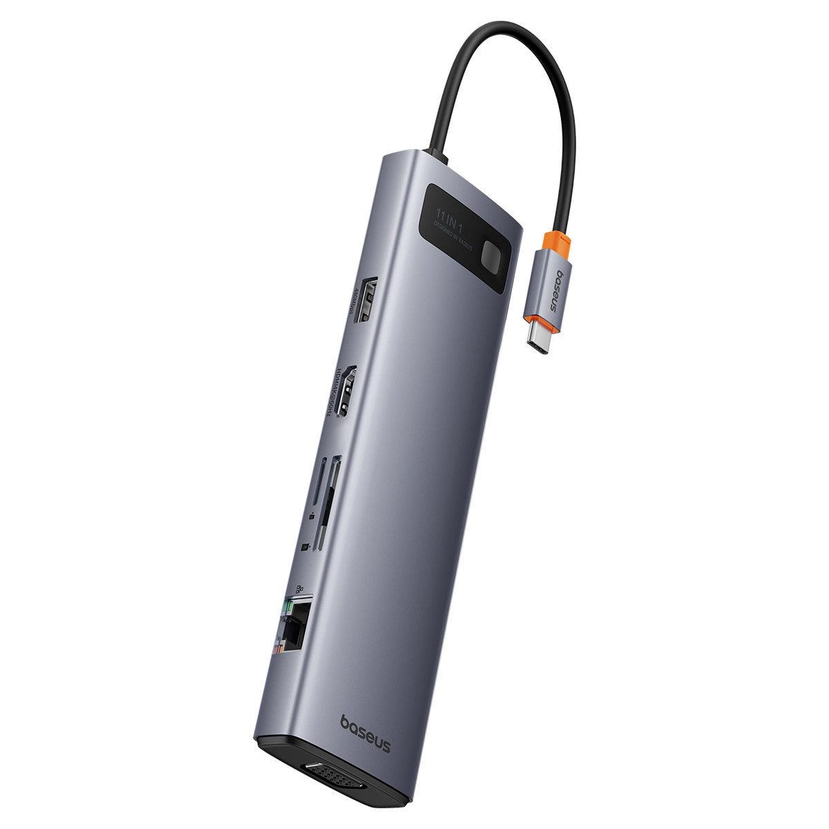 Hub USB-C Baseus Metal Gleam, 3 x USB-A 3.0 - 1 x USB-A - 1 x USB-C - 1 x HDMI - 1 x VGA - 1 x Jack 3.5mm - 1 x RJ45 - 1 x SD - 1 x microSD, Šedý