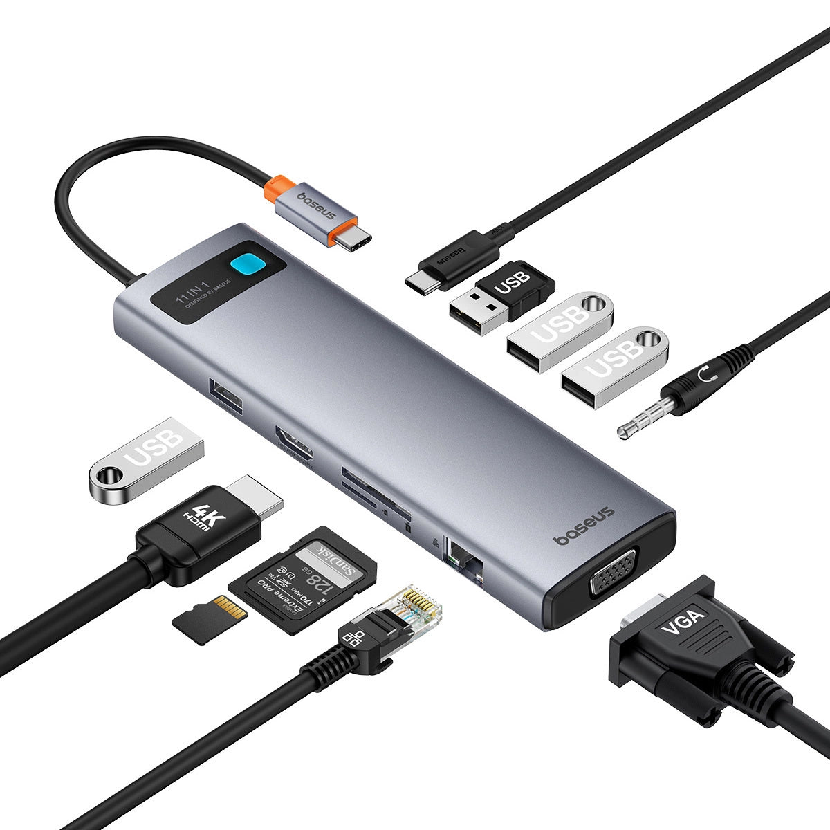 Hub USB-C Baseus Metal Gleam, 3 x USB-A 3.0 - 1 x USB-A - 1 x USB-C - 1 x HDMI - 1 x VGA - 1 x Jack 3.5mm - 1 x RJ45 - 1 x SD - 1 x microSD, Šedý