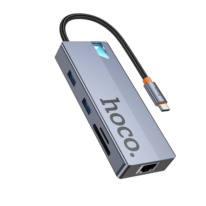 USB-C Hub HOCO HB52, 2 x USB-A 3.0 - 2 x USB-C - 1 x HDMI - 1 x RJ45 - 1 x SD - 1 x microSD, Šedý