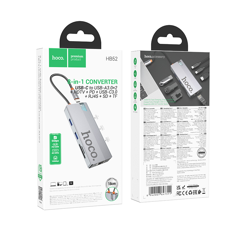 USB-C Hub HOCO HB52, 2 x USB-A 3.0 - 2 x USB-C - 1 x HDMI - 1 x RJ45 - 1 x SD - 1 x microSD, Šedý