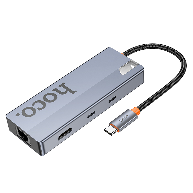 USB-C Hub HOCO HB52, 2 x USB-A 3.0 - 2 x USB-C - 1 x HDMI - 1 x RJ45 - 1 x SD - 1 x microSD, Šedý