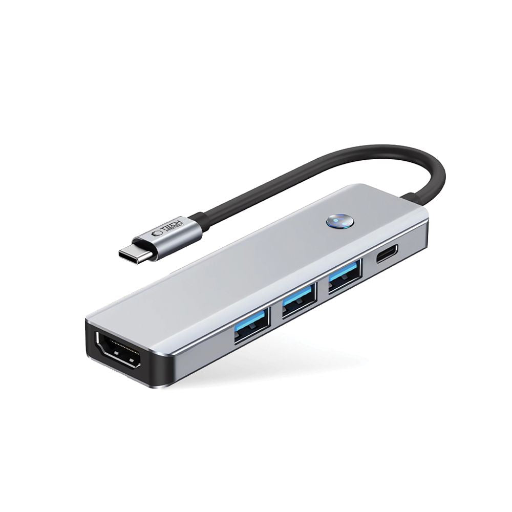 Hub USB-C Tech-Protect HB01, 1 x USB-A 3.0 - 2 x USB-A - 1 x USB-C - 1 x HDMI, Šedý