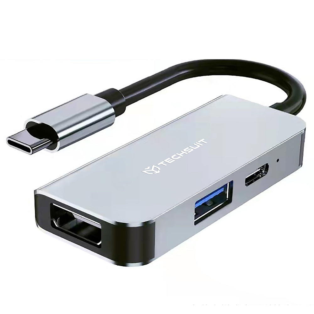 Hub USB-C Techsuit H4 TurboChargeX, 3v1, Šedý