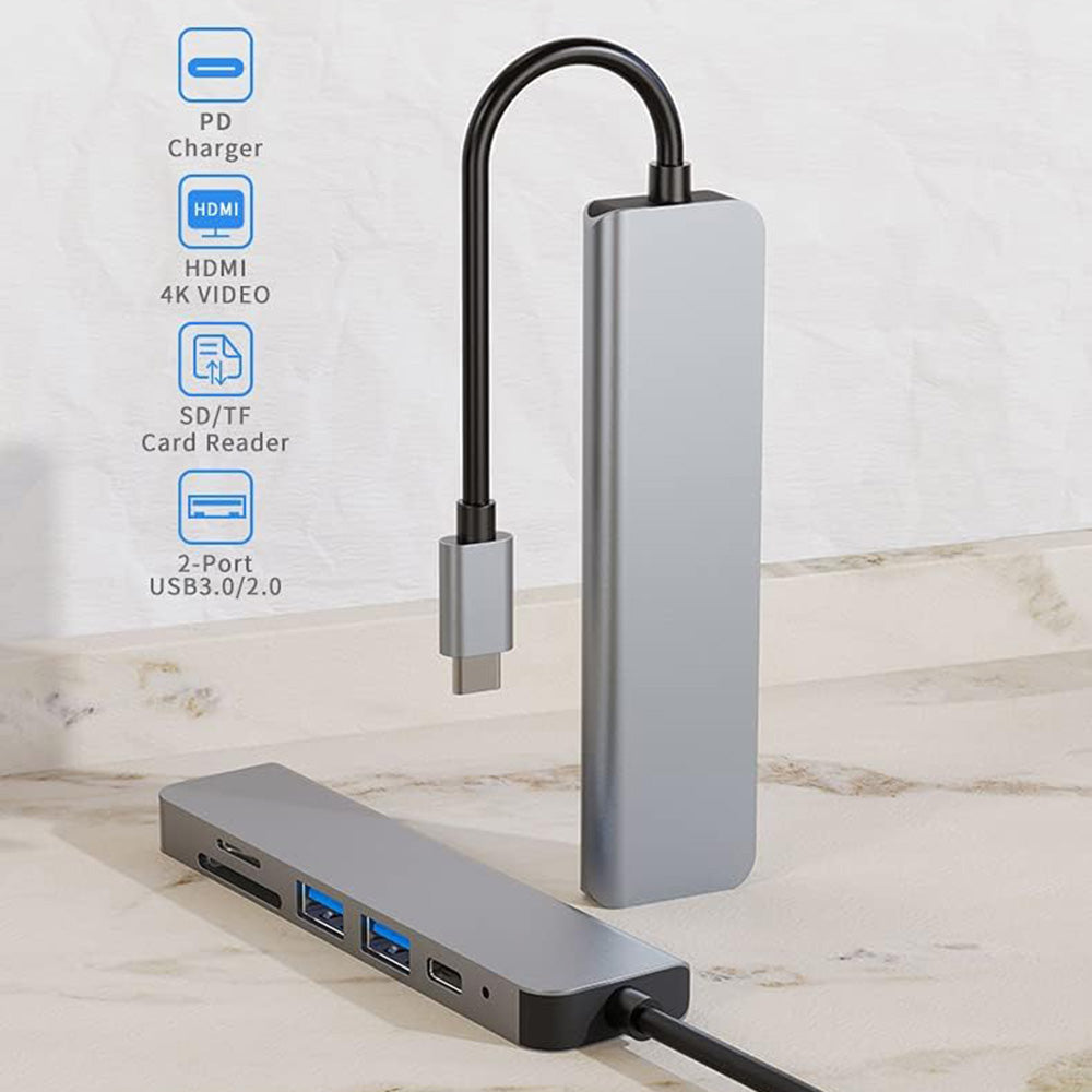 Hub USB-C Techsuit H5 TurboChargeX, 6v1, Šedý